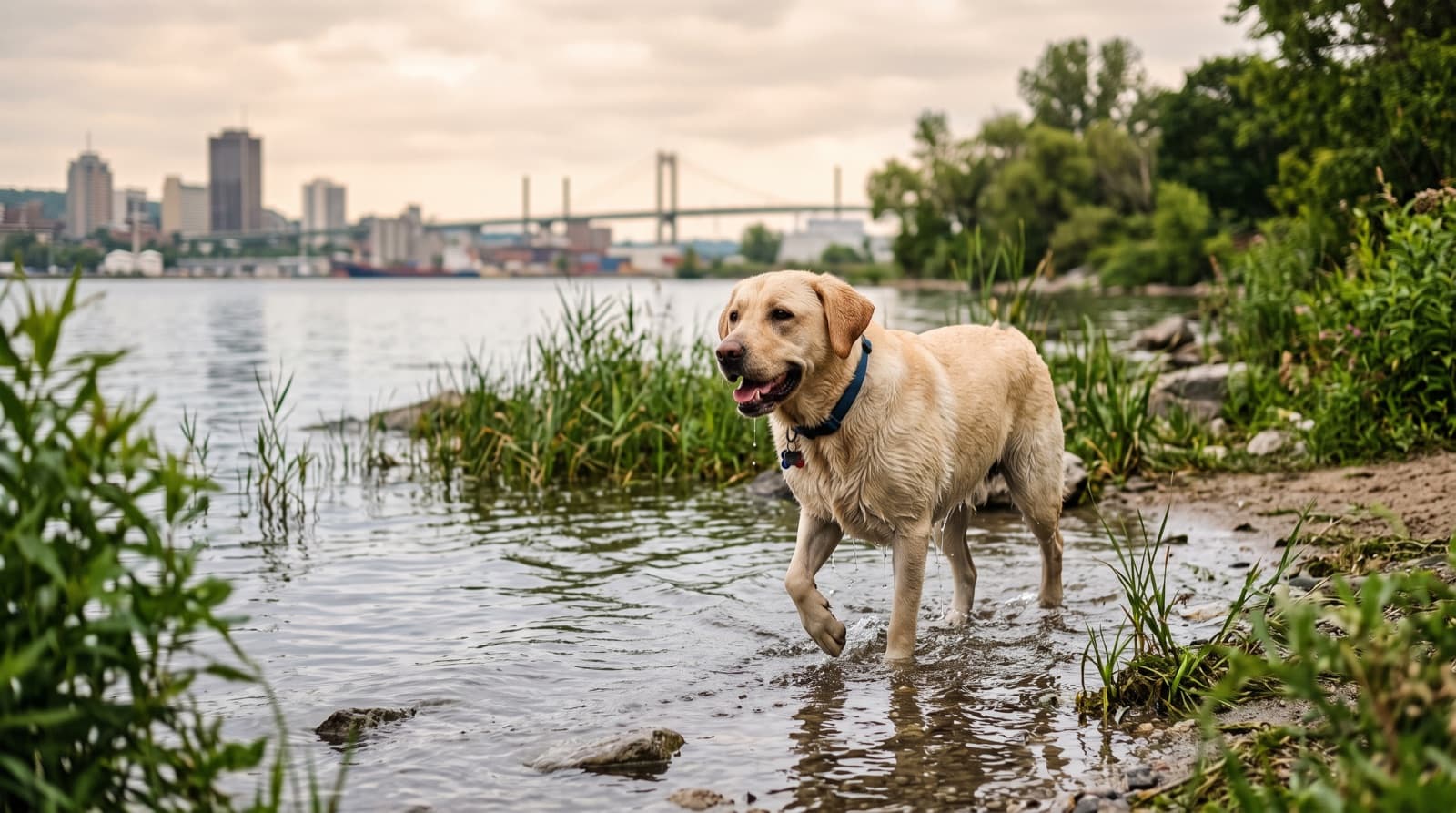 A yellow Labrador Retriever on lead on a Hamilton waterfront trail near the harbour, alert and friendly, representing the high-energy family temperament of the breed in Ontario rescue