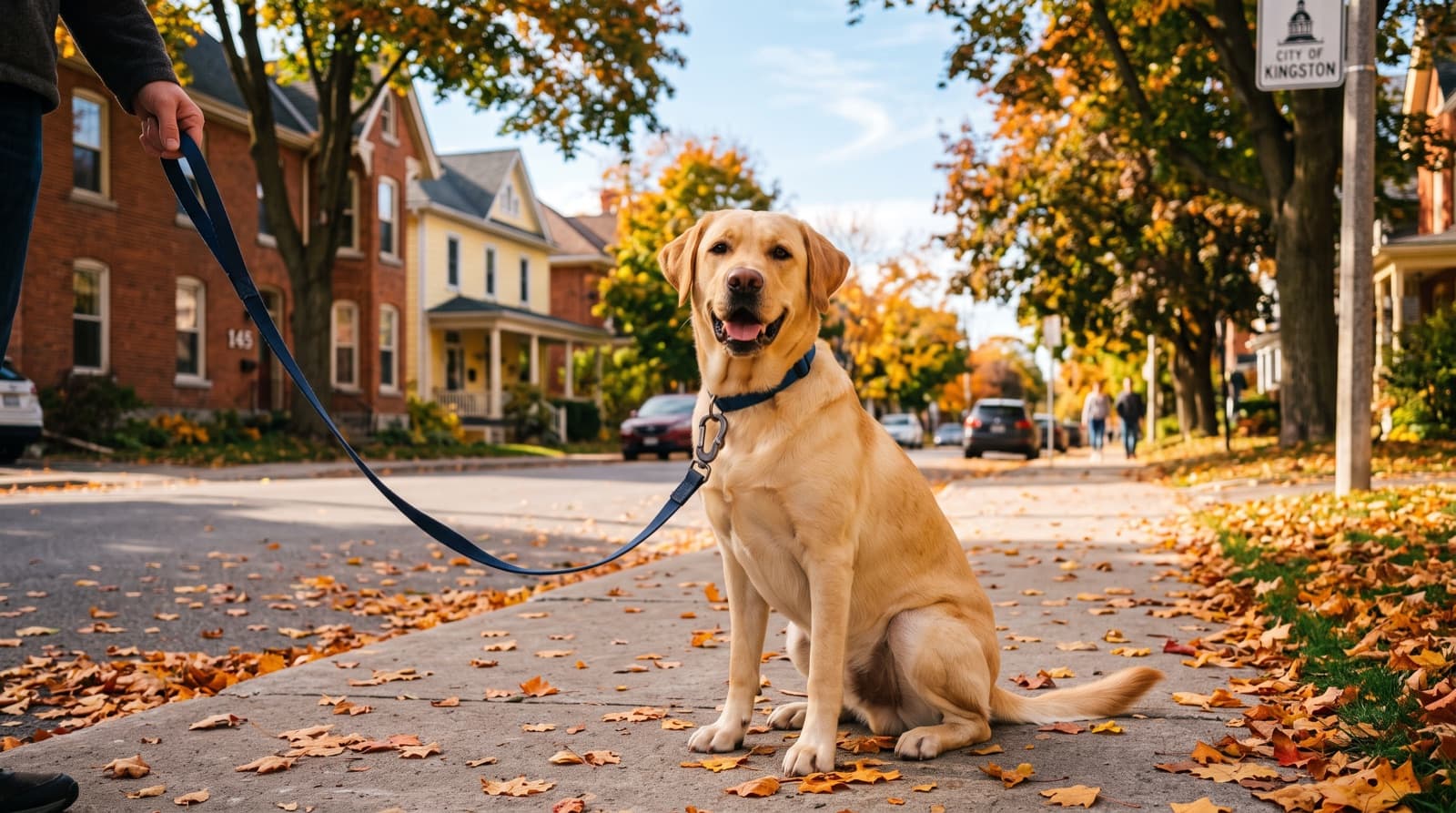 A yellow Labrador Retriever on the Lake Ontario waterfront in Kingston, Ontario, representing the friendly, high-energy family dog that fills Kingston rescue inventory