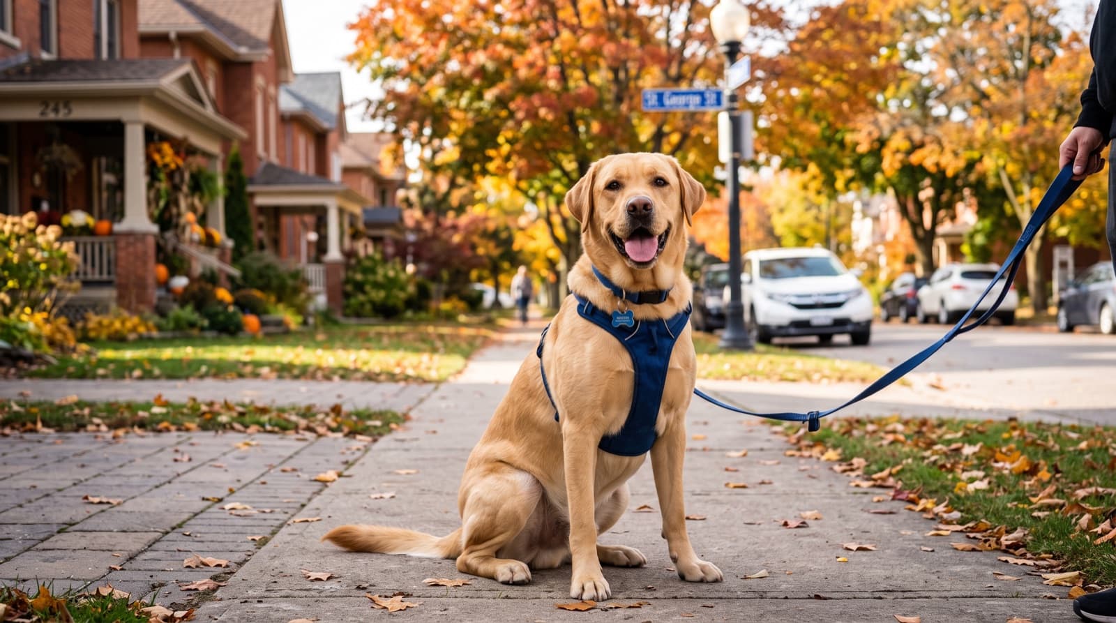 A yellow Labrador Retriever on a riverside path in London, Ontario, representing the friendly, high-energy family dog that fills London rescue inventory