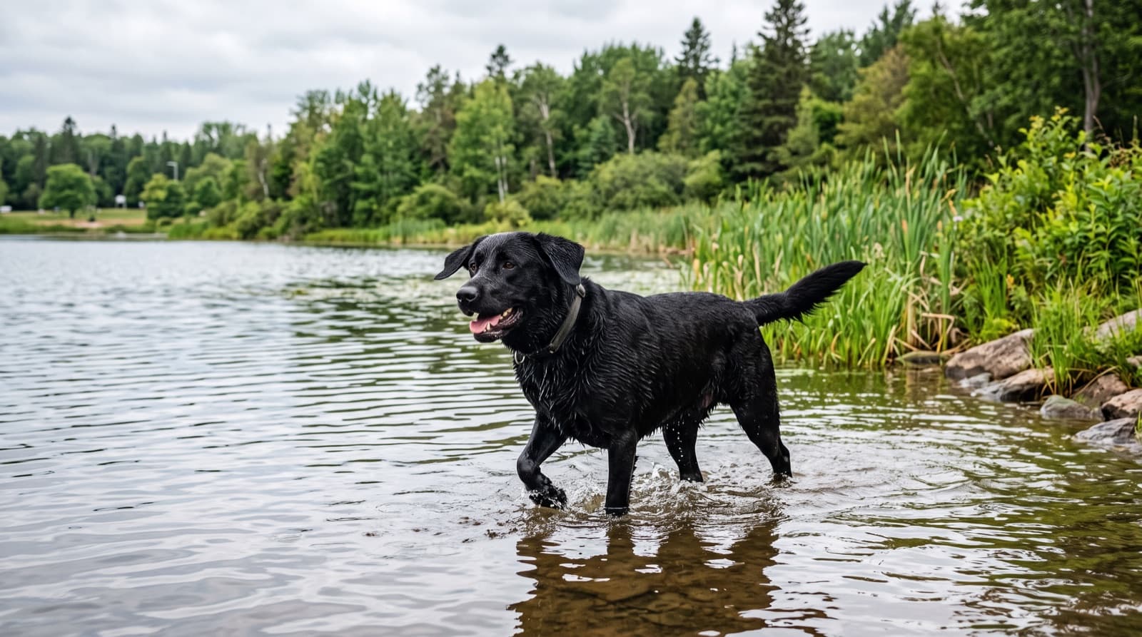 A yellow Labrador Retriever on lead on a Riverfront Trail path along the Petitcodiac River in Moncton, New Brunswick, representing the active family-dog temperament of Labs in Maritime rescue