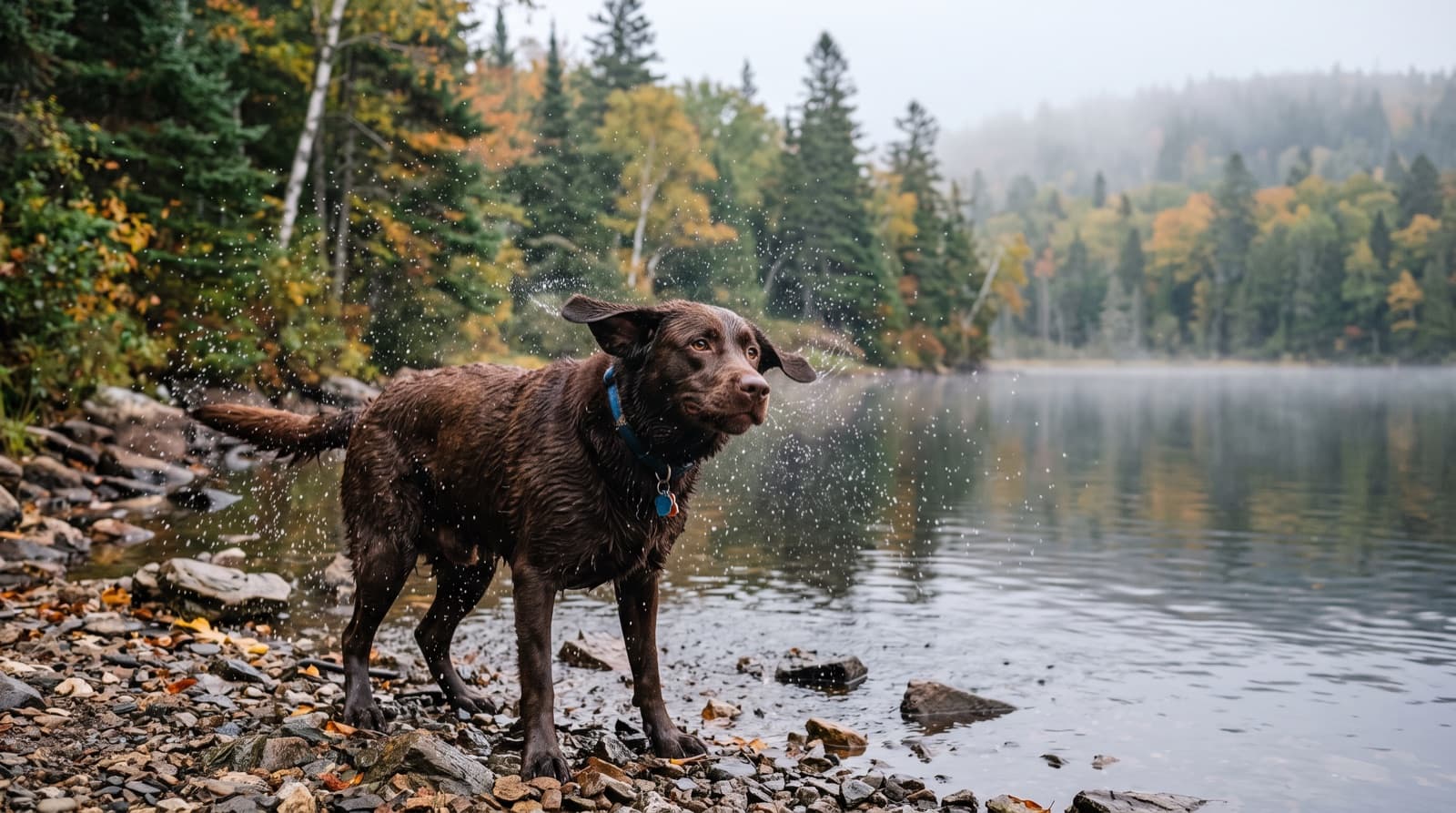 A yellow Labrador Retriever on lead on a Saint John, New Brunswick trail with the Bay of Fundy coast behind, representing the friendly, high-energy temperament of Labs available through New Brunswick rescue