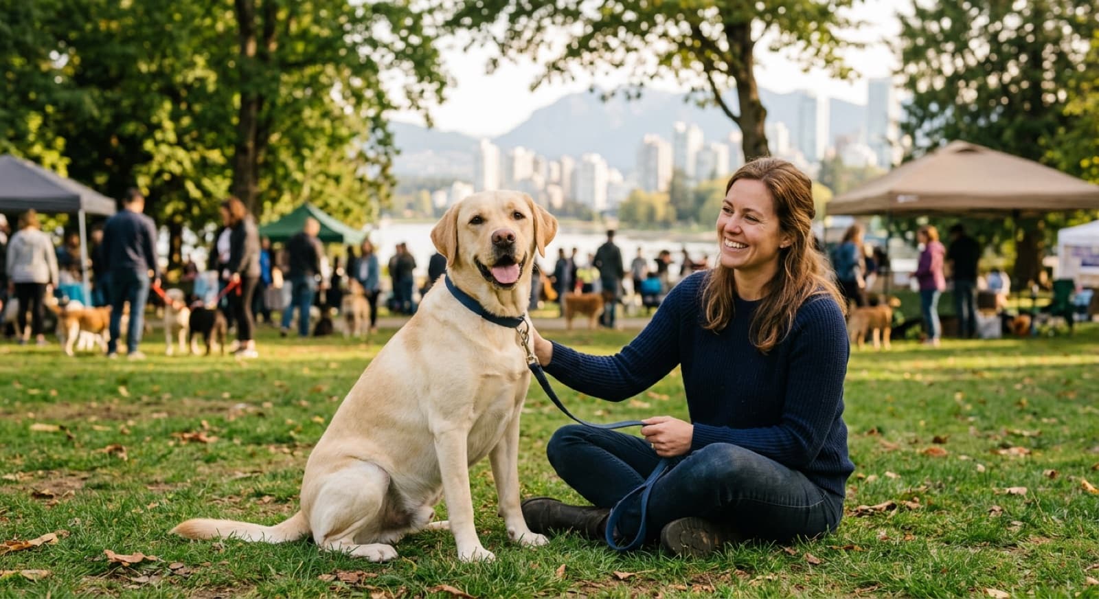 A friendly yellow Labrador sitting beside a person at an outdoor adoption event in a Vancouver park