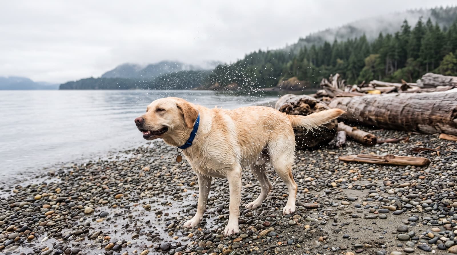 A yellow Labrador Retriever wet from a swim on a Victoria, BC coastal beach, representing the breed's love of water and its strong fit for Vancouver Island's mild Pacific climate
