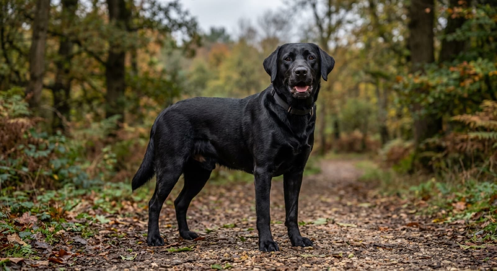 A healthy alert adult Labrador standing outdoors on a cool West Coast day