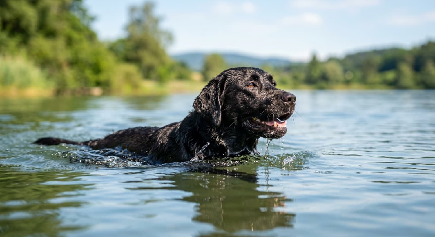 A wet Labrador swimming and retrieving in calm water at a Lake Ontario beach in Toronto