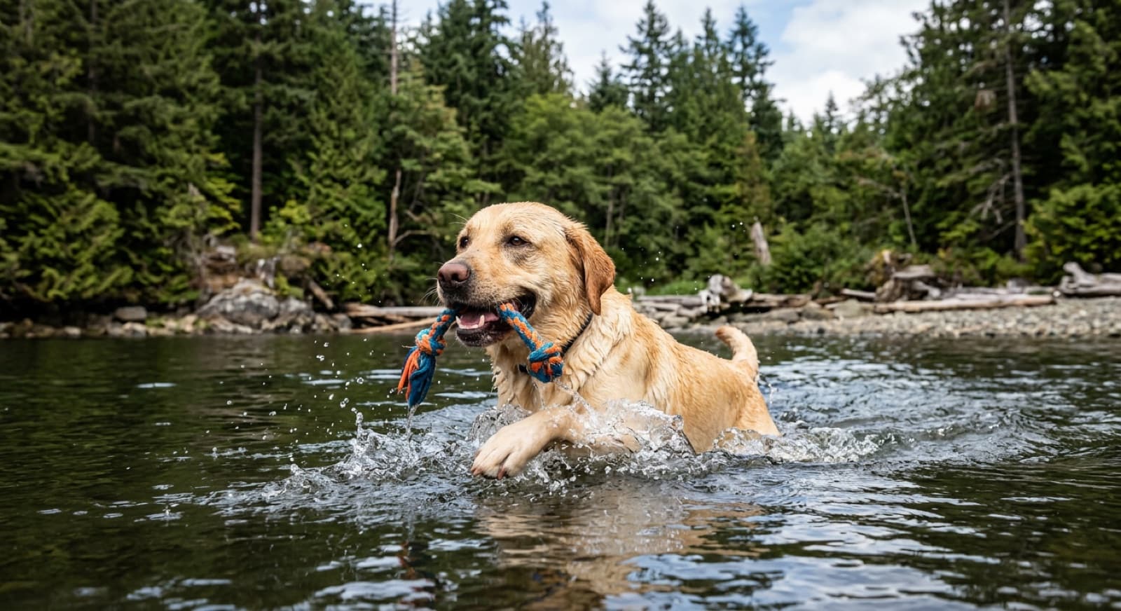 A wet Labrador swimming and retrieving in calm water near a Vancouver beach