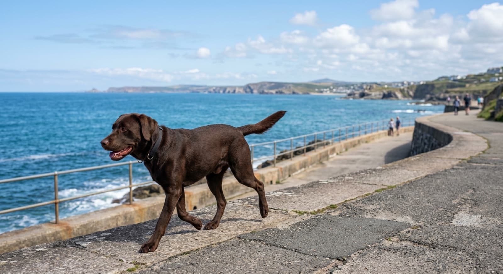 A lean, fit Labrador walking on a seawall path by the water in Vancouver