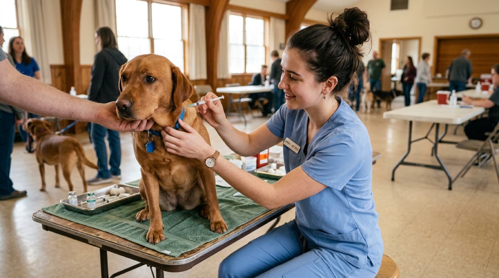 Veterinary technician administering a routine vaccine to a calm rescue dog at an Edmonton low-cost clinic