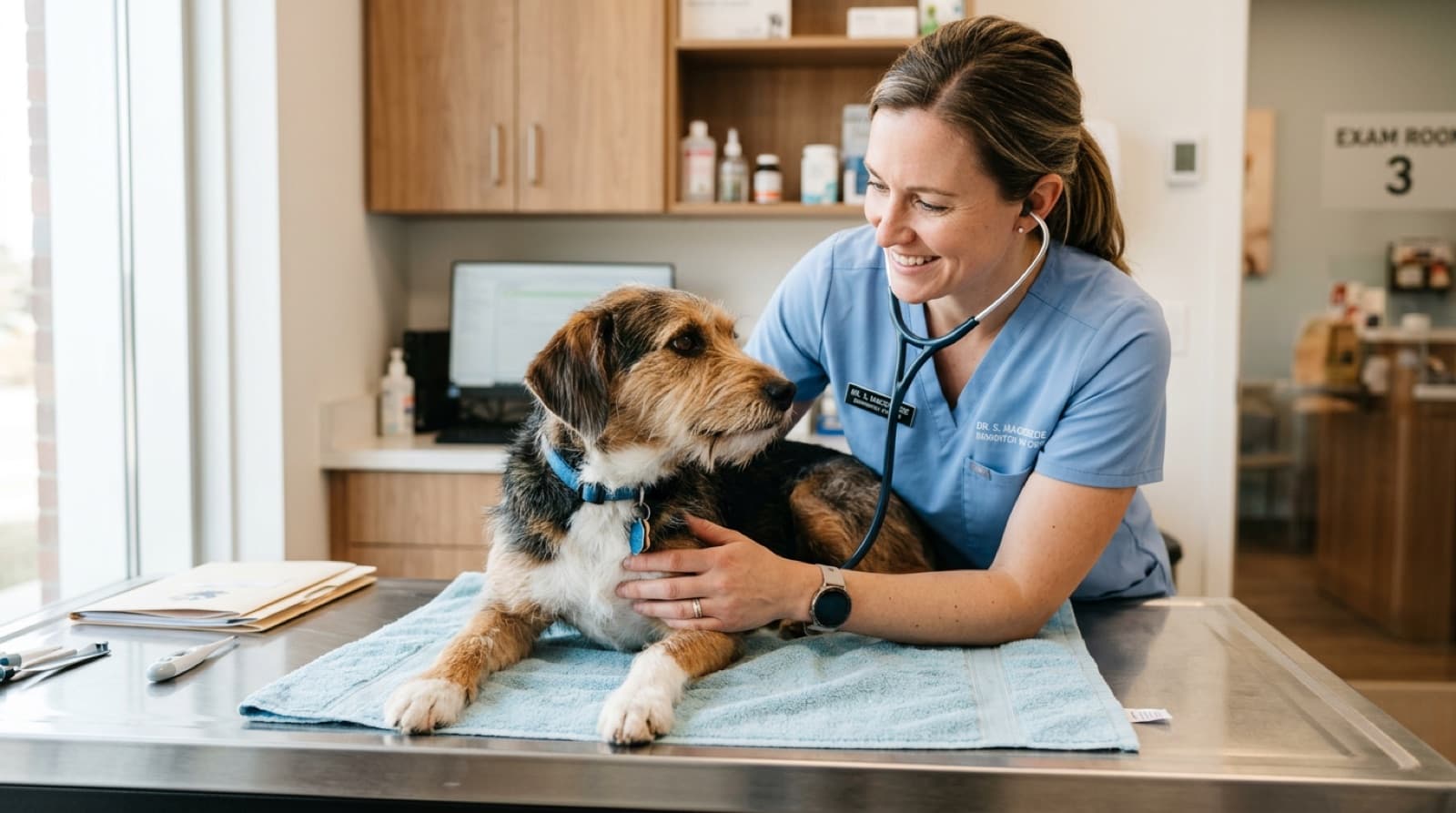 Edmonton veterinarian examining a rescue dog during a routine wellness exam