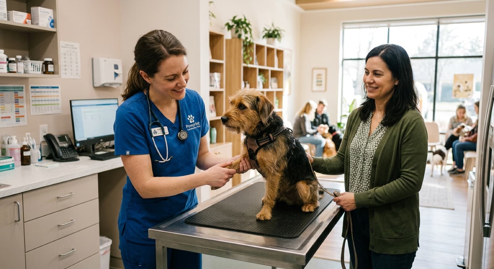 A veterinarian examining a rescue dog during a routine wellness visit at a community clinic in Hamilton, Ontario
