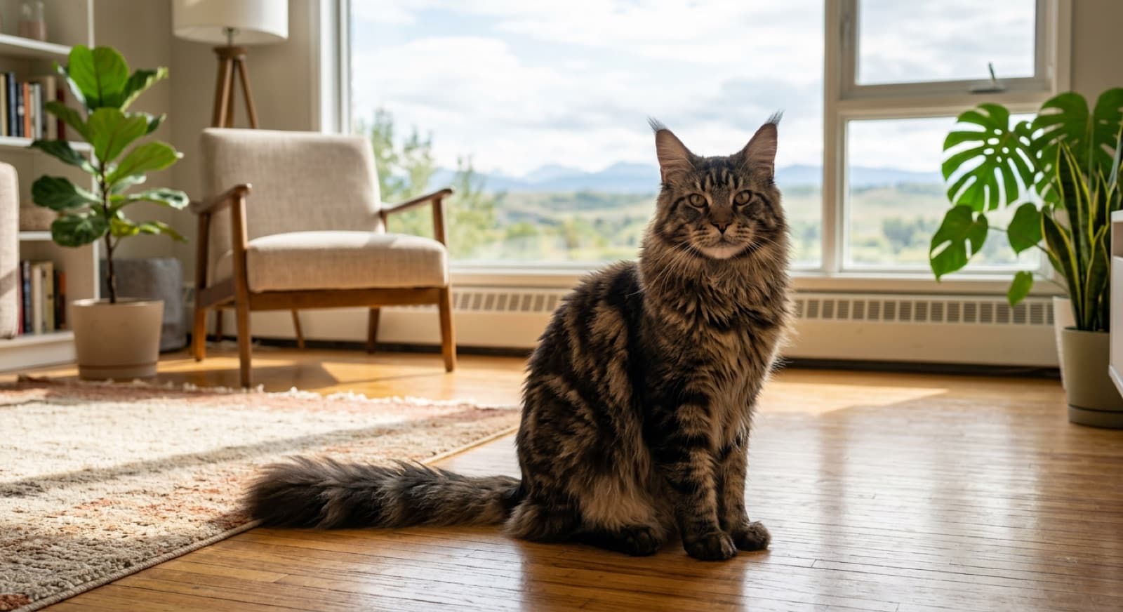 A large brown tabby Maine Coon cat with tufted ears and a thick ruff sitting confidently in a Calgary living room, the kind of long-haired rescue intake Calgary cat rescues regularly receive