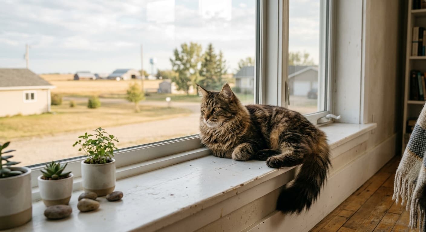 A large longhaired Maine Coon type cat resting indoors on a windowsill in a Calgary-area home