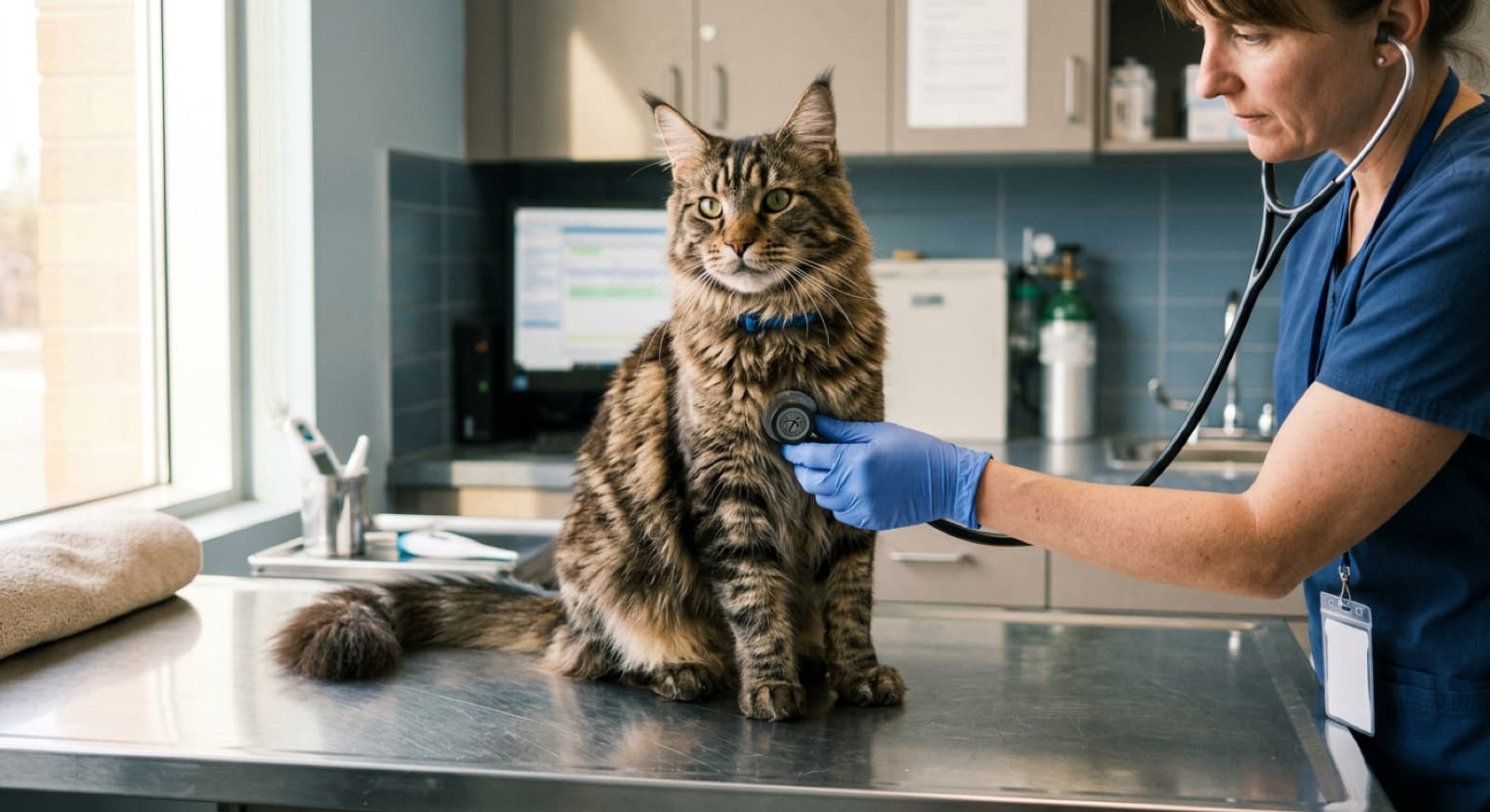 A healthy adult brown tabby Maine Coon cat being examined by a veterinarian at a Calgary veterinary clinic during a routine wellness exam