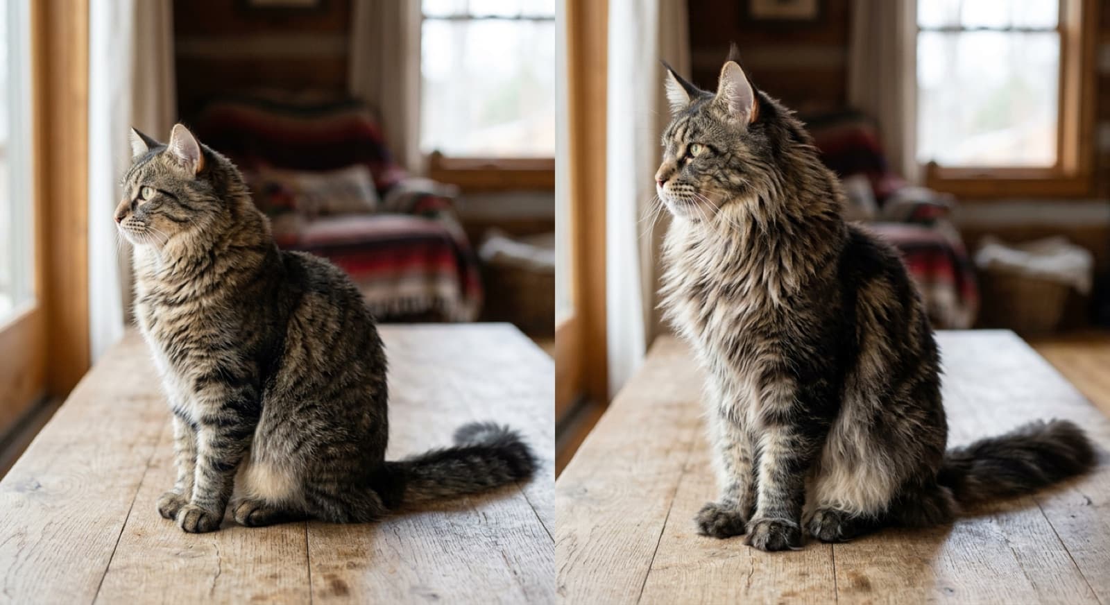 A large long-haired brown tabby Maine Coon mix with prominent ear tufts and a bushy tail sitting on a windowsill in a Calgary home