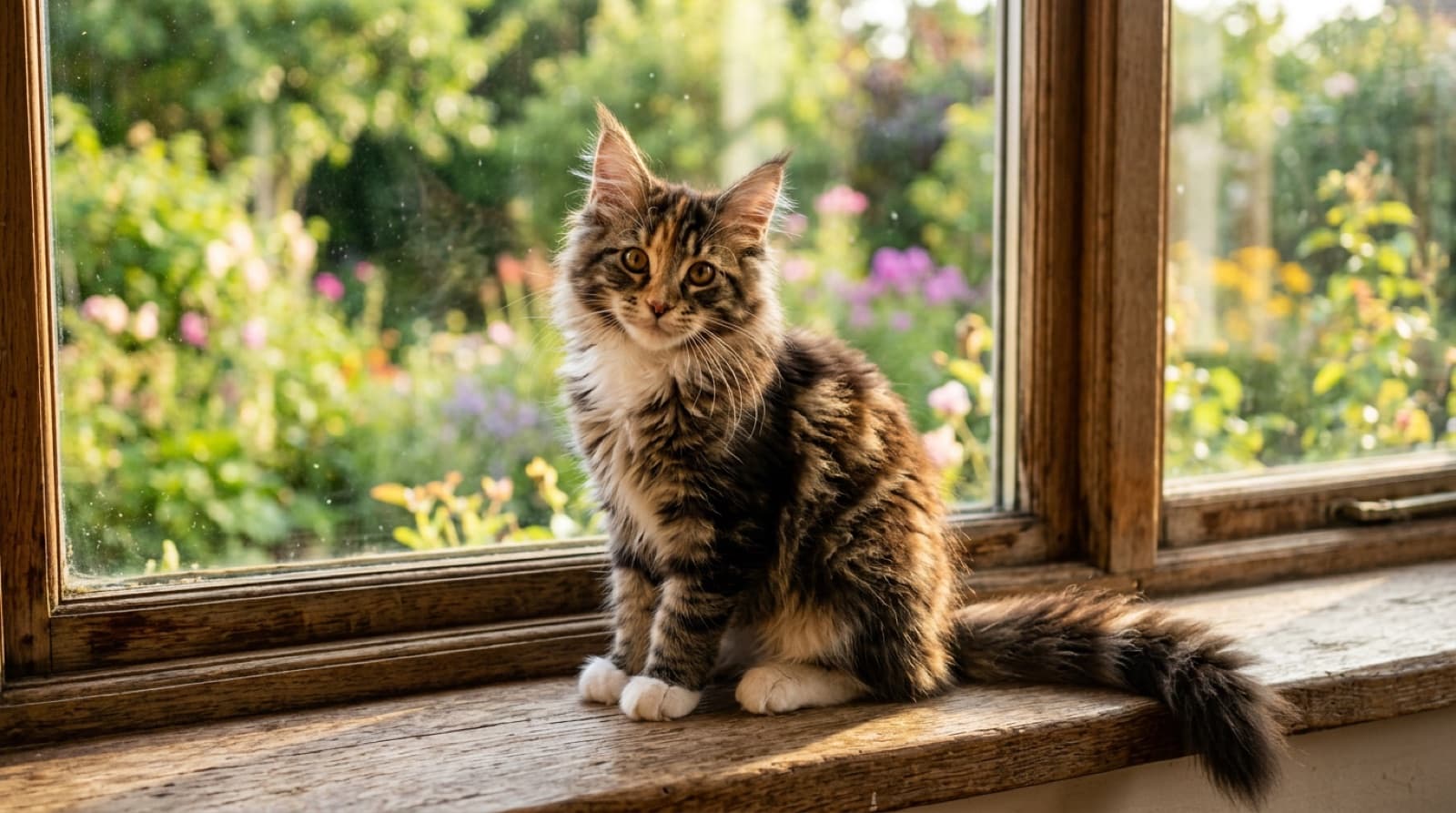 A fluffy Maine Coon kitten with ear tufts sitting on a windowsill in warm light