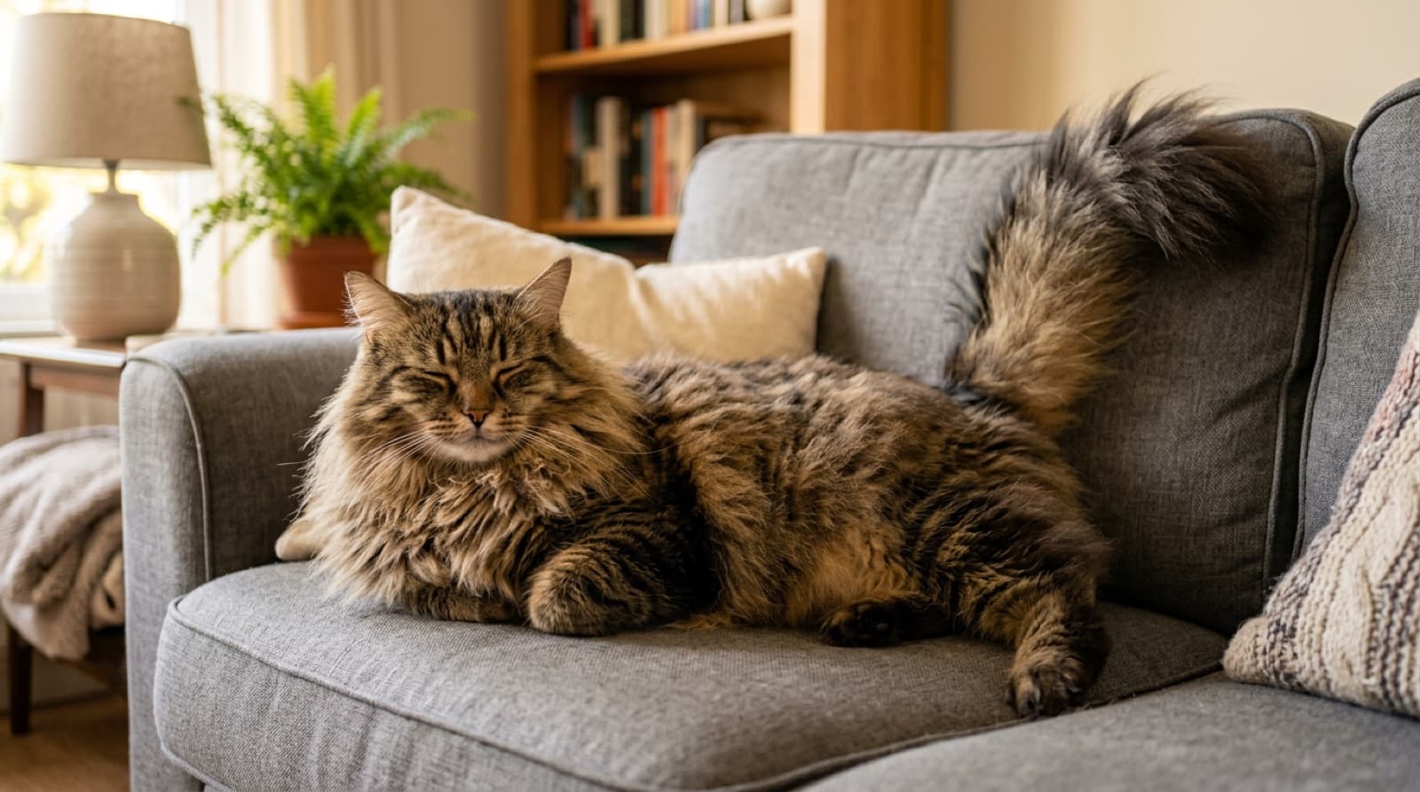 A large long-haired rescue cat with a bushy tail relaxing on a couch at home