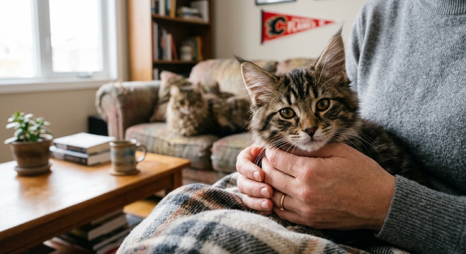 A large brown tabby Maine Coon-type cat being met by a Calgary adopter in a foster home living room, the kind of real in-person meeting that scam listings never allow