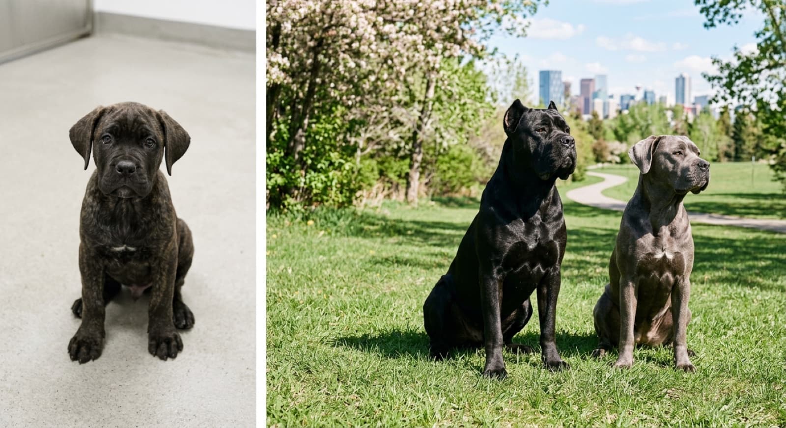 A male and female Cane Corso standing side by side in a Calgary backyard, showing the real size and head structure difference between the two sexes