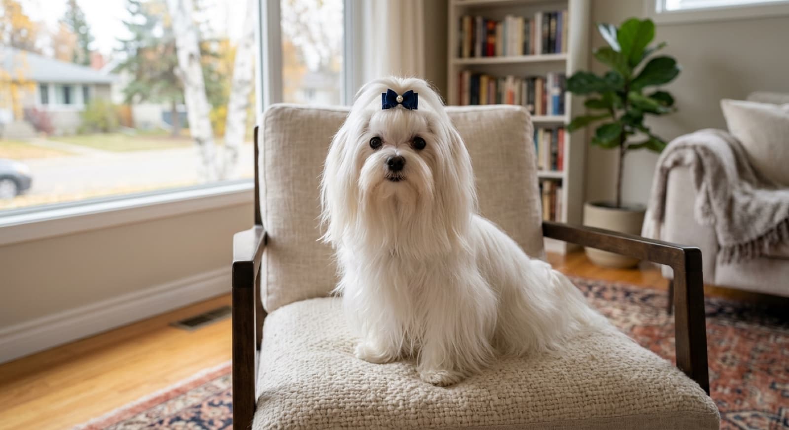 An adult Maltese with pure white long flowing coat sitting on a cushion in an Edmonton home interior, bright dark eyes and friendly expression
