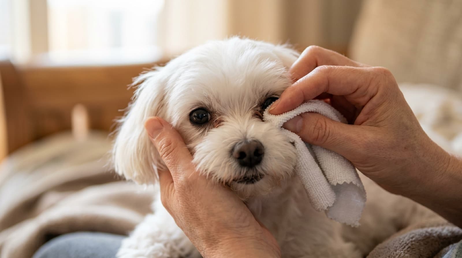 Close-up of a white Maltese face with the eye area being gently cleaned
