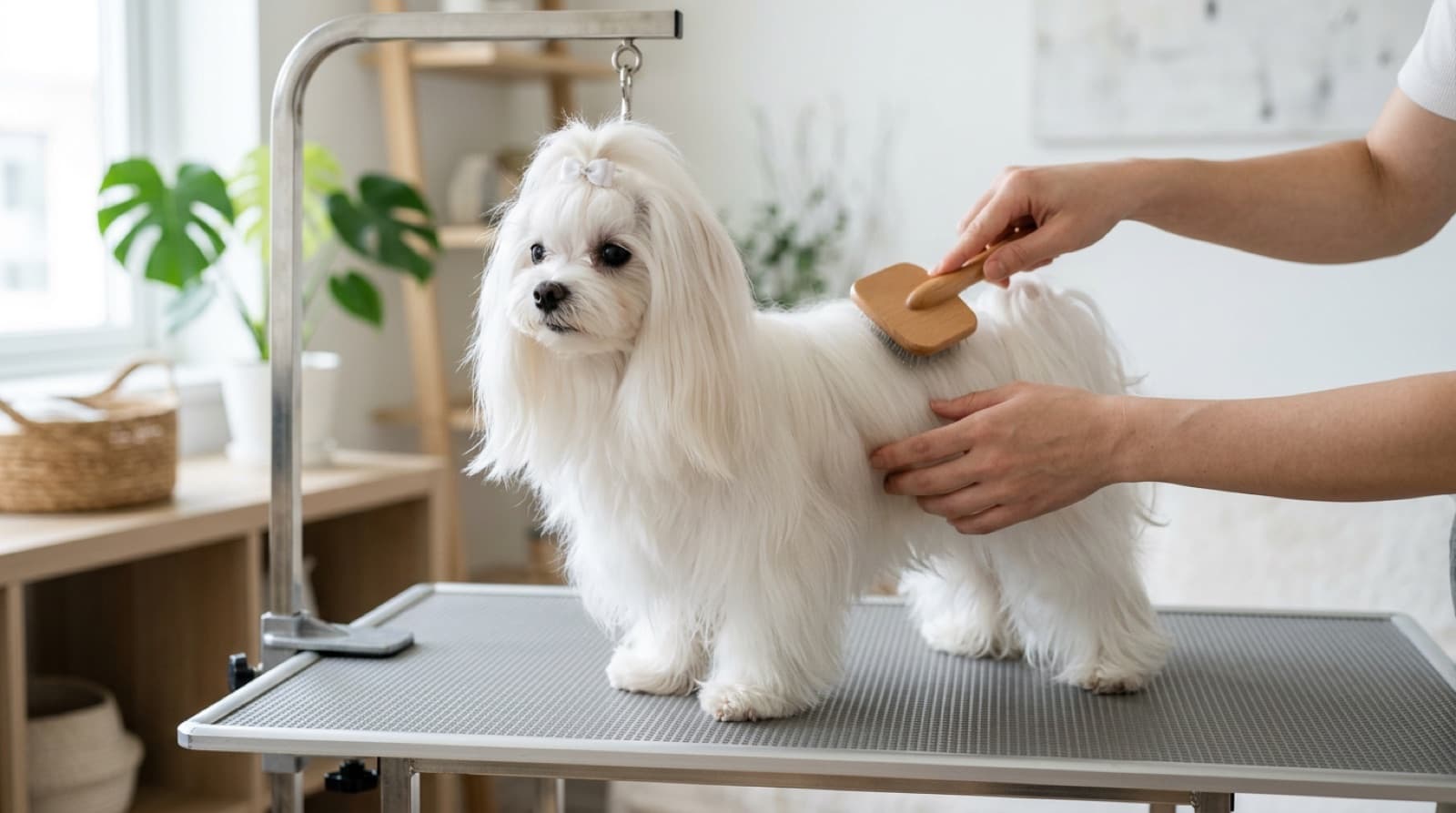 A white Maltese with a long silky coat being brushed on a grooming table in a bright home