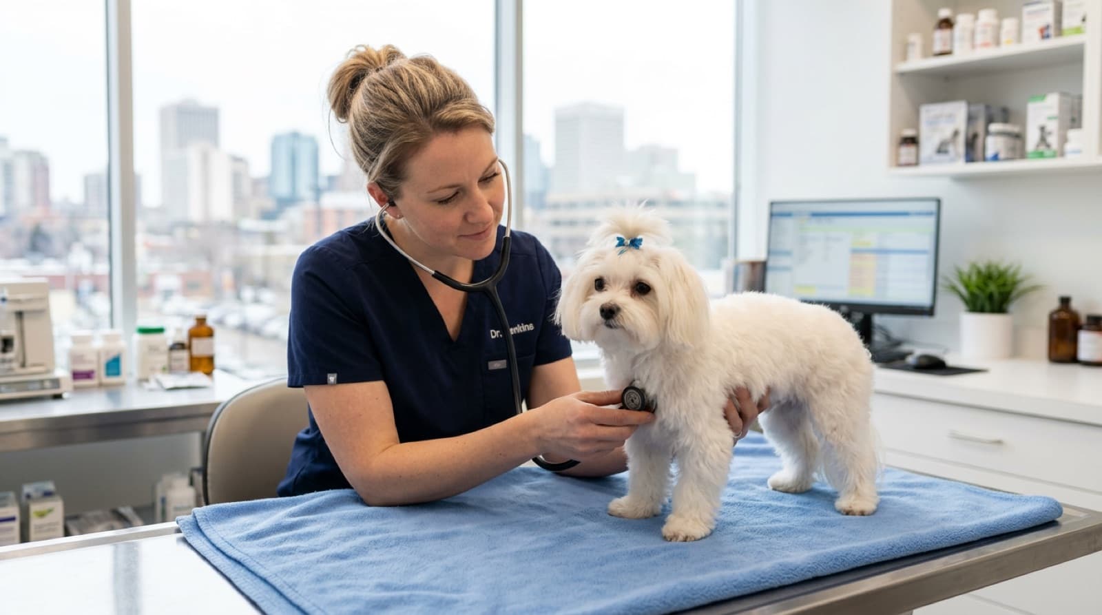 A small white Maltese gently examined with a stethoscope by a veterinarian at an Edmonton clinic