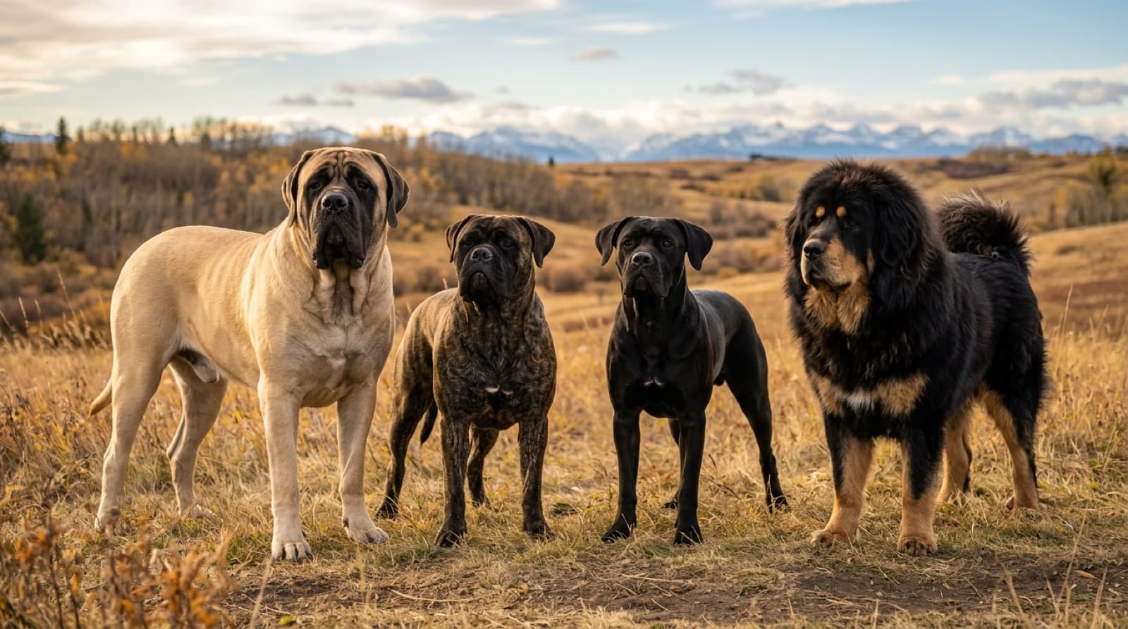 Four mastiff-type breeds standing together in a Calgary park, illustrating size and coat variation across the mastiff family