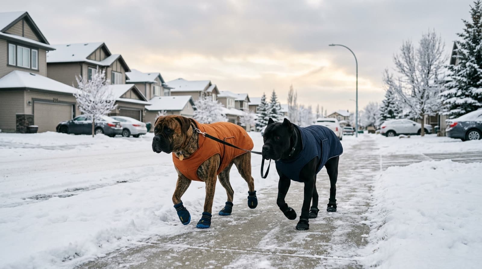A Bullmastiff and a Cane Corso on a winter walk in a Calgary neighbourhood, both wearing winter coats, showing the short-coat reality for the more common Calgary mastiff candidates