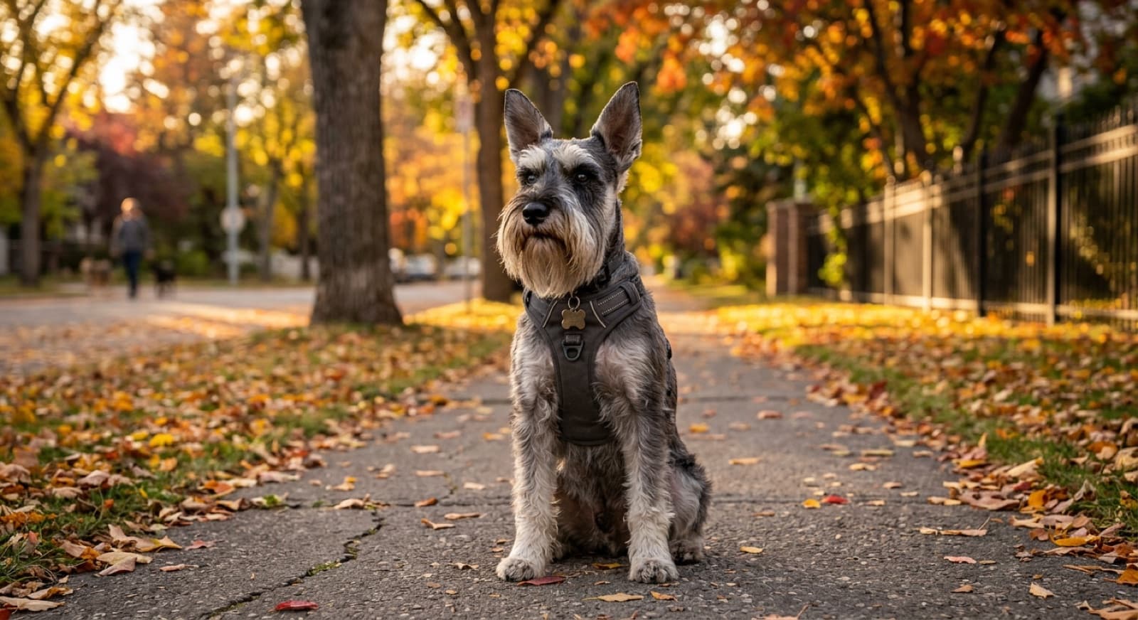 A salt-and-pepper Miniature Schnauzer with a full beard and bushy eyebrows sitting alert on a Calgary off-leash trail, prairie grass and mountains in the distance