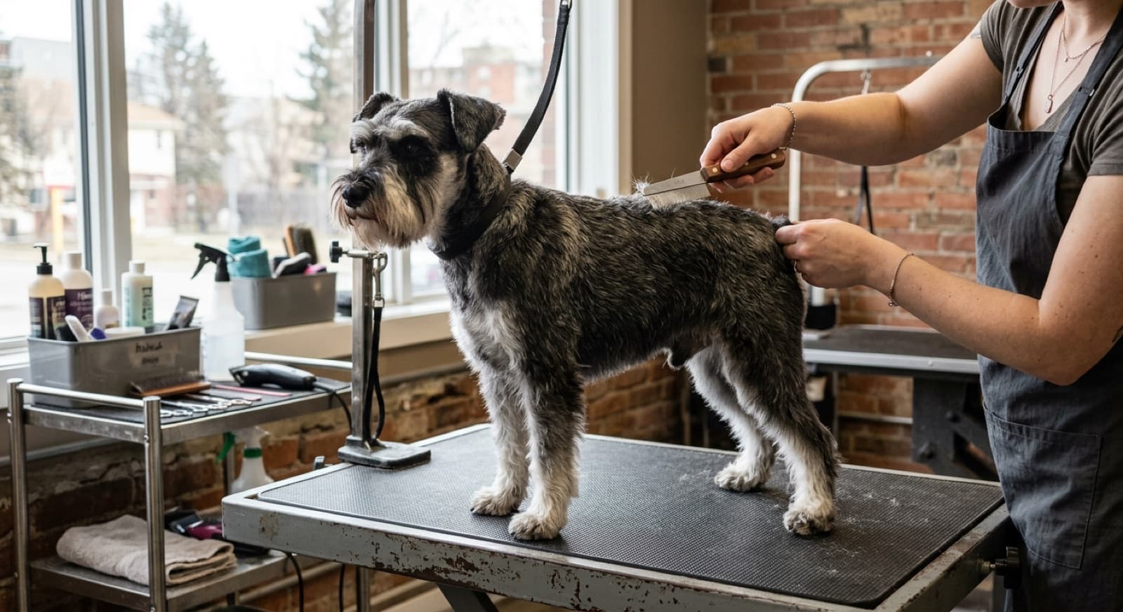 A salt-and-pepper Miniature Schnauzer with a freshly groomed beard, eyebrows, and leg furnishings standing on prairie grass with the Calgary skyline in the distance, illustrating the breed signature coat shape
