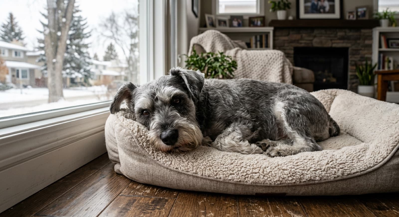 A healthy adult salt-and-pepper Miniature Schnauzer sitting calmly during a routine wellness exam at a Calgary veterinary clinic