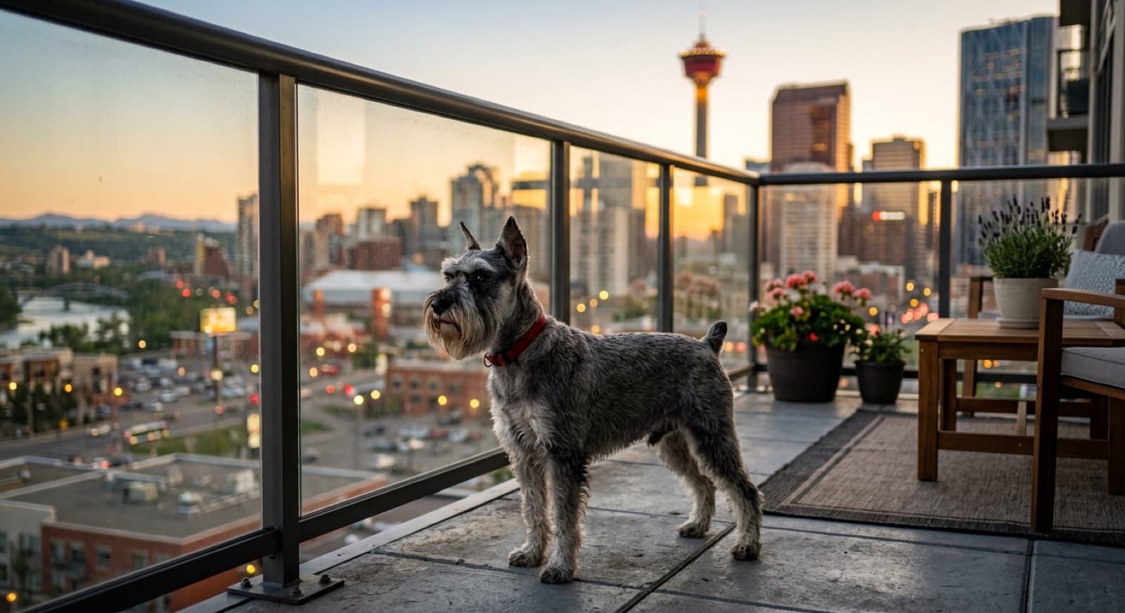 A Miniature Schnauzer with the breeds signature wiry salt-and-pepper double coat, bushy eyebrows, and full beard sitting alert on a Calgary apartment balcony in summer