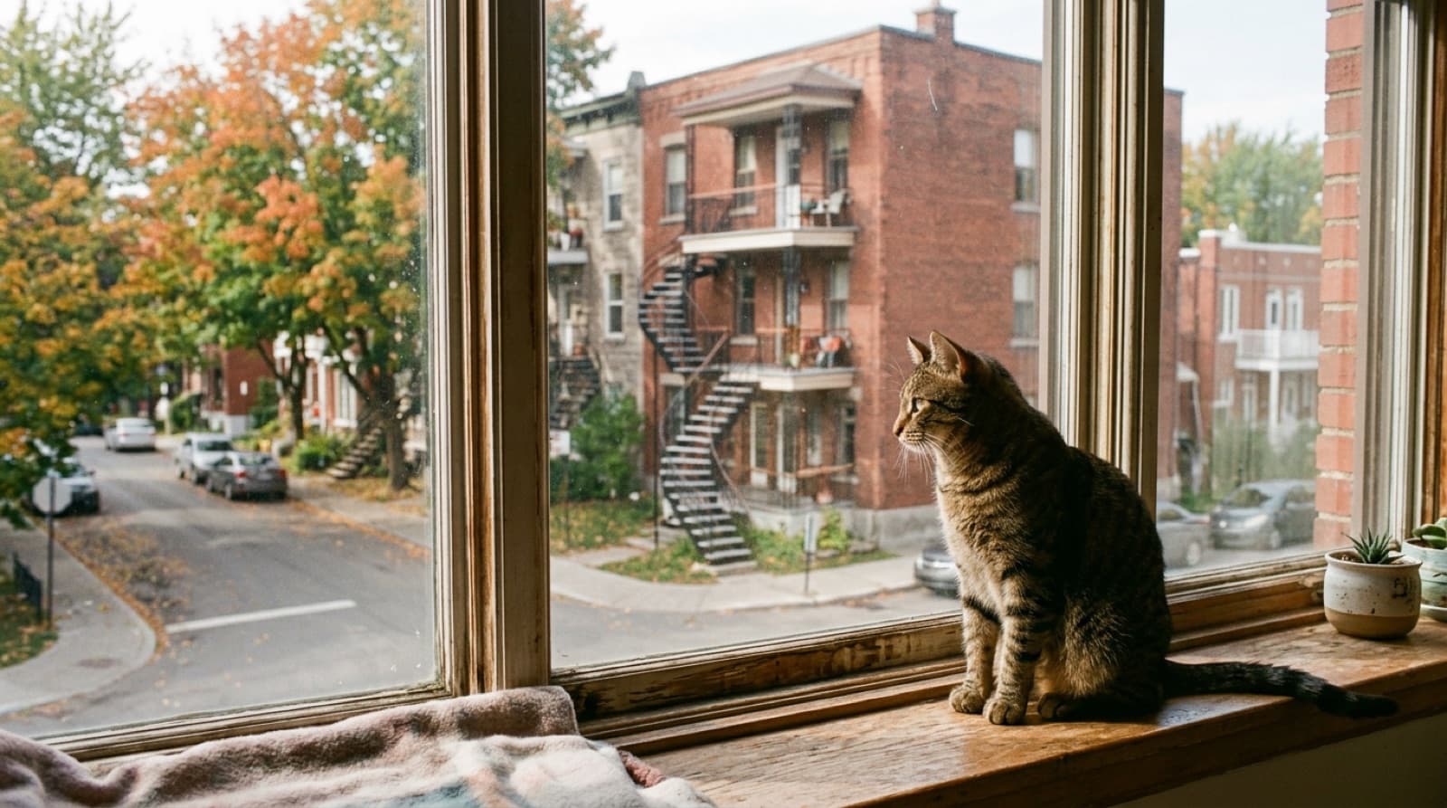 A rescue cat sitting on a windowsill in a Montreal apartment, with a residential street and exterior staircase visible outside