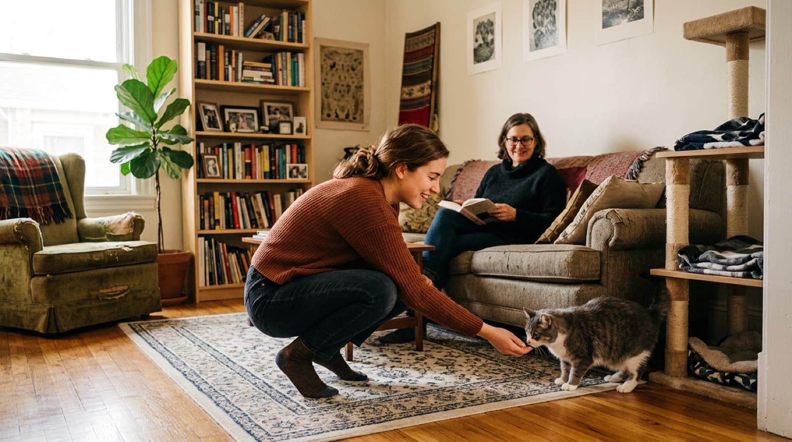 An adopter meeting a foster cat in a bright Montreal living room while the foster carer looks on