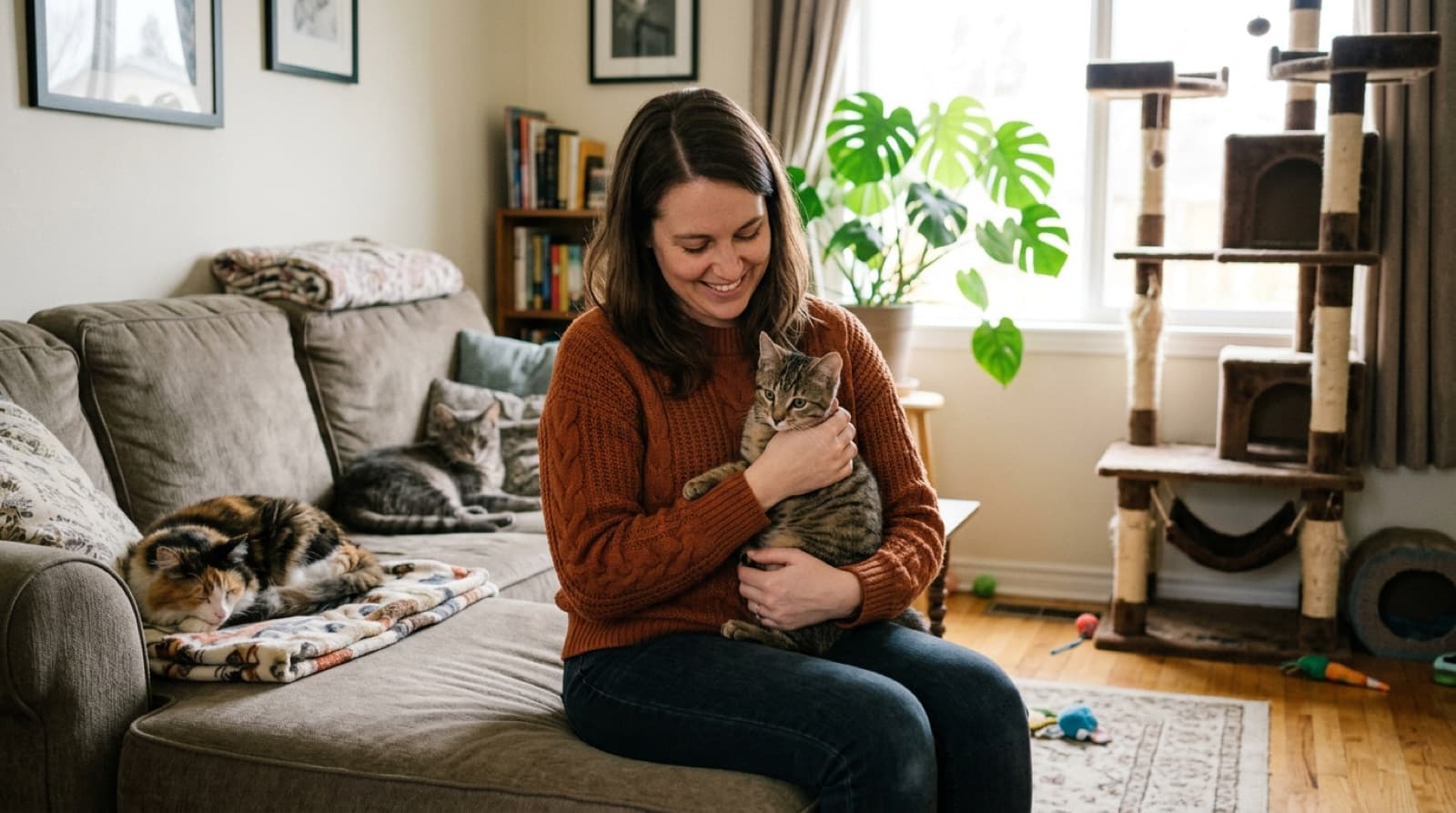 A volunteer holding a young cat in a Montreal rescue foster home, with other cats resting nearby