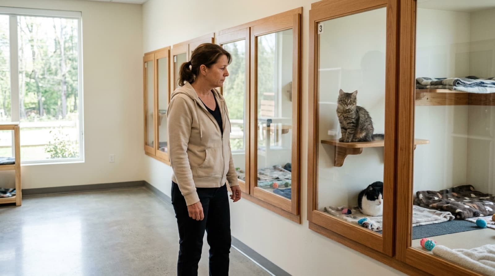 A woman looking at cats in a bright Montreal shelter adoption room, with cat condos along the wall