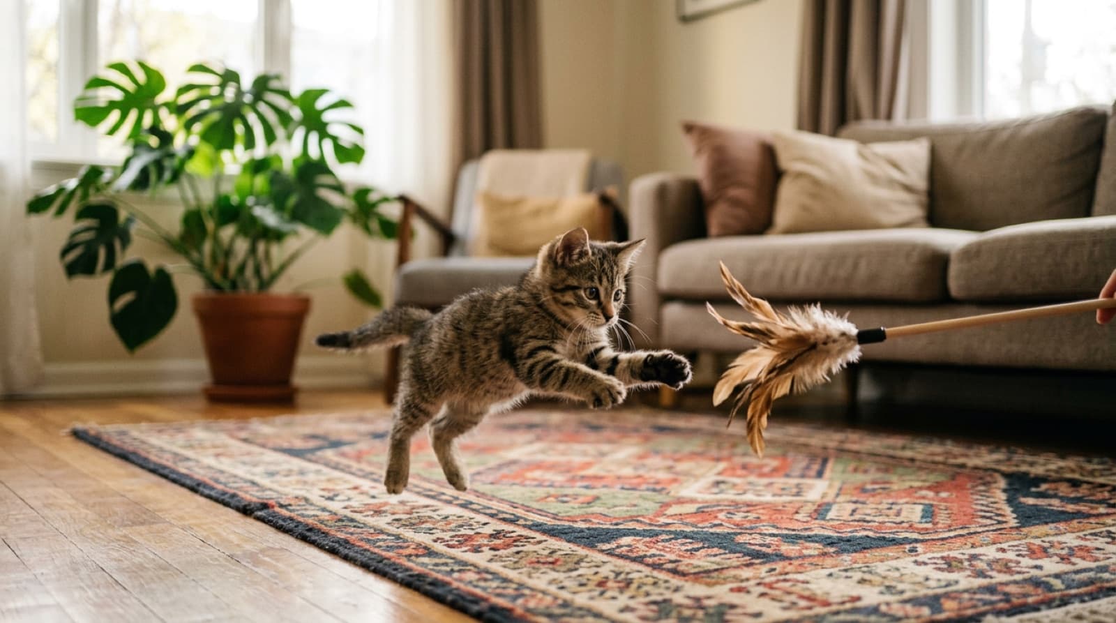A small tabby kitten playing with a wand toy on a rug in a Montreal apartment