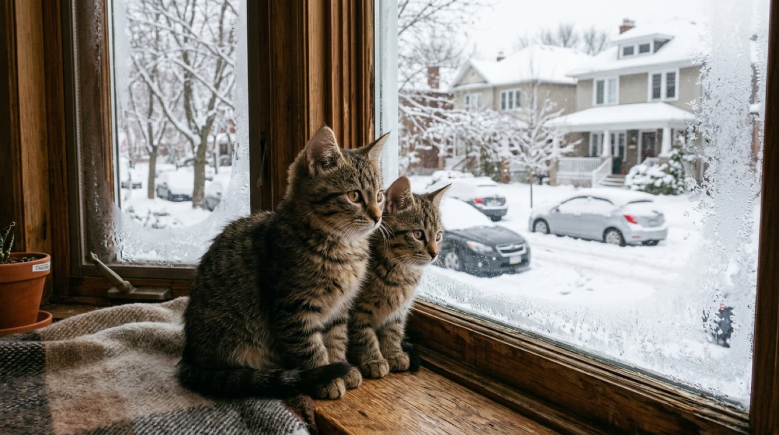 Two young kittens sitting together on a windowsill in a Montreal apartment in winter