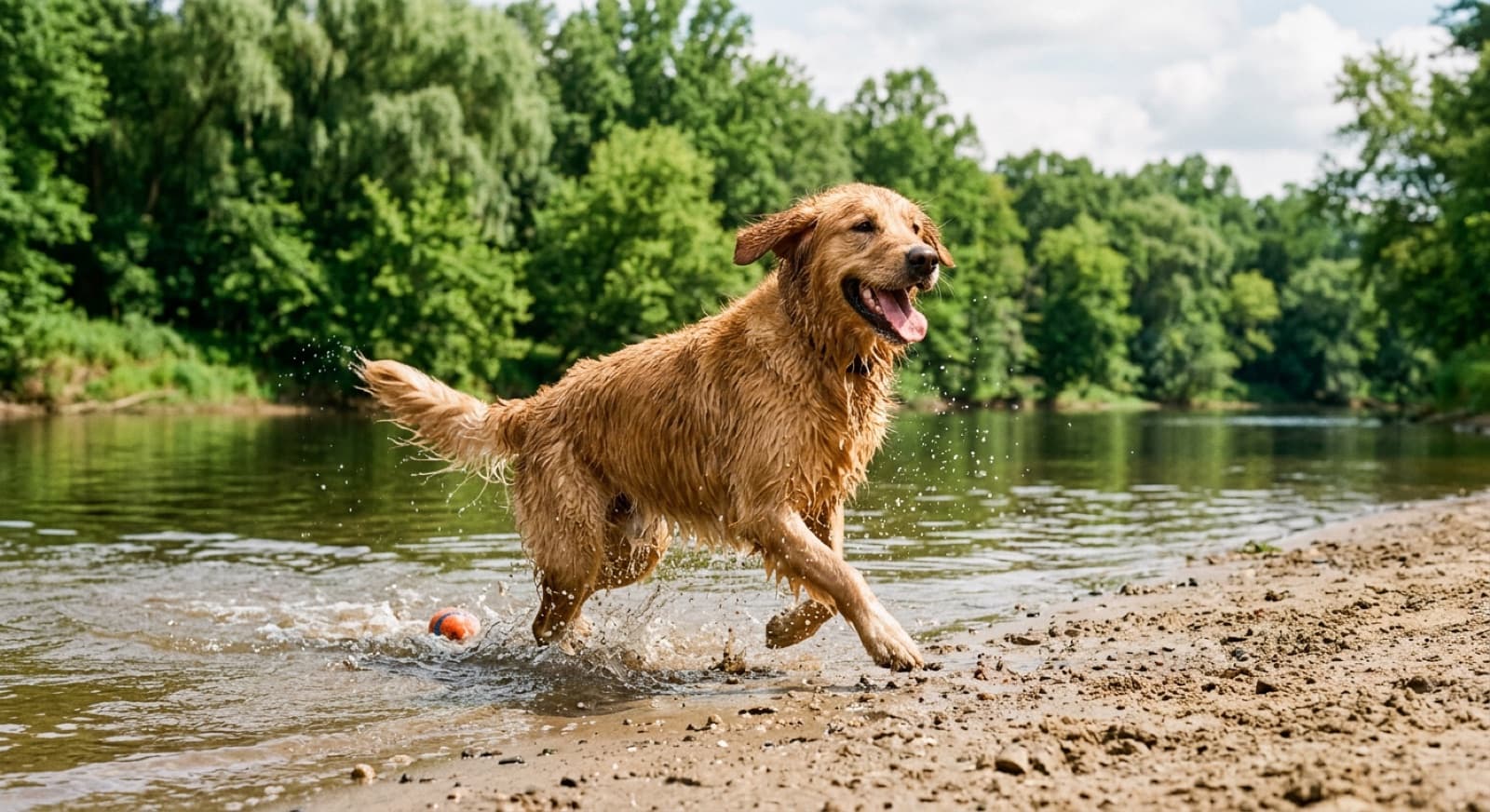 A dog playing at the water's edge at the Mooney's Bay off-leash area on the Rideau River in Ottawa