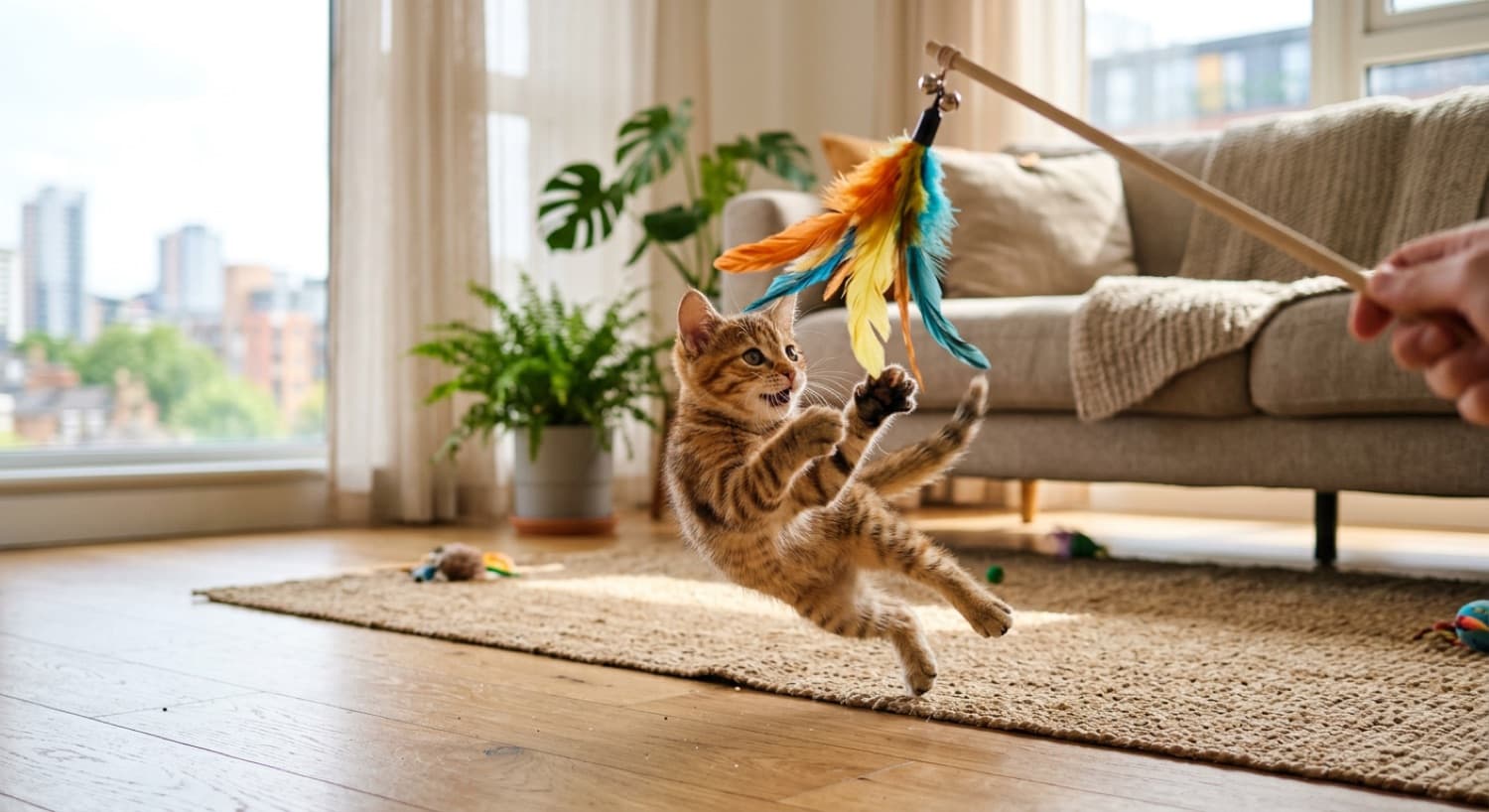 A young rescue kitten playing in a bright Toronto living room