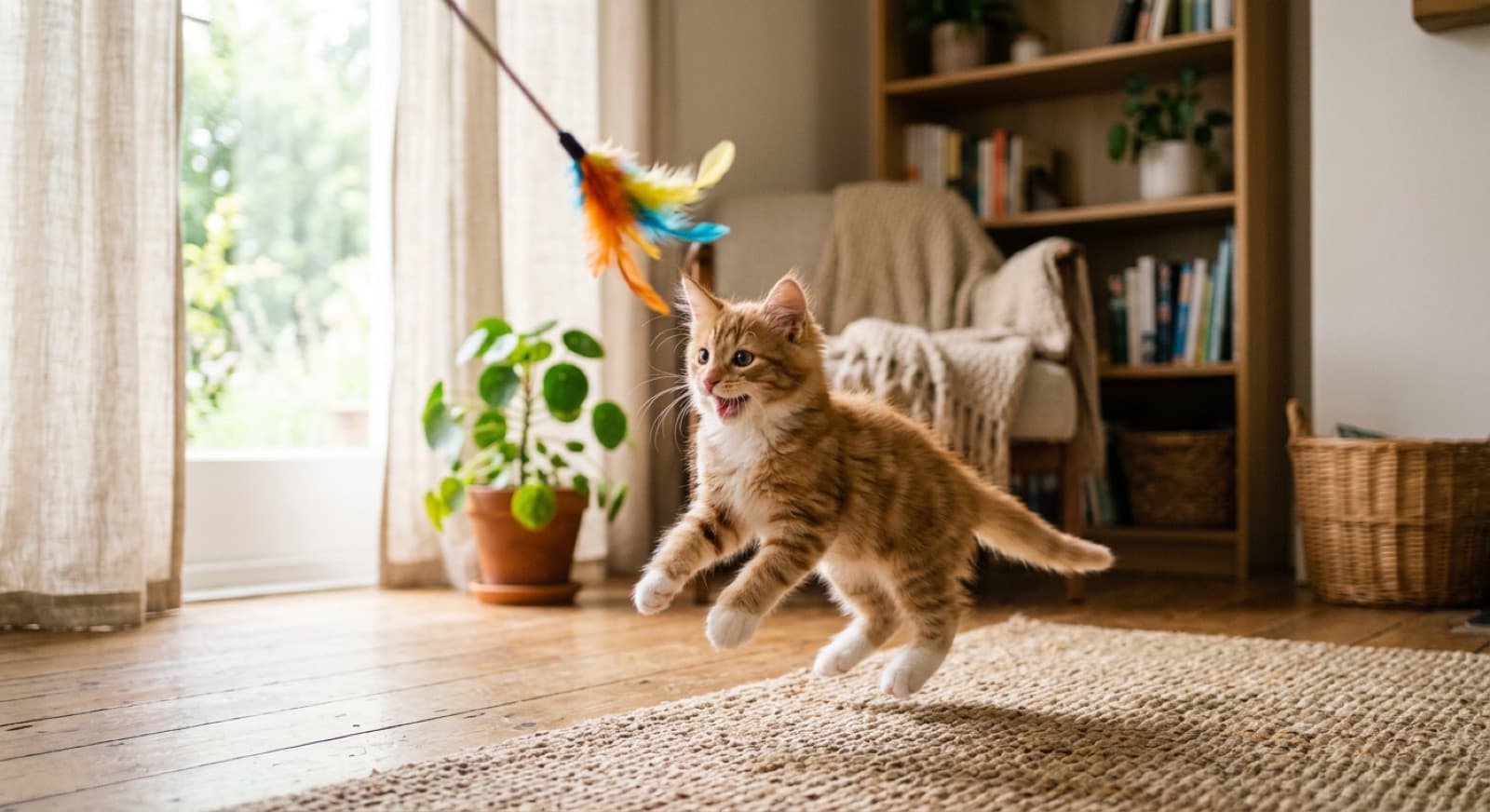A young rescue kitten playing in a bright Vancouver living room