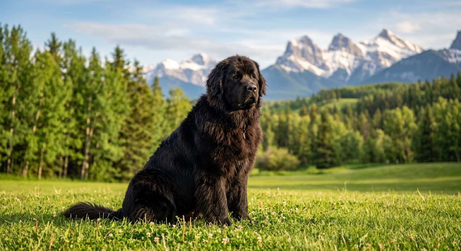 A massive black Newfoundland dog sitting gently in a green Calgary park, mountains in the distance