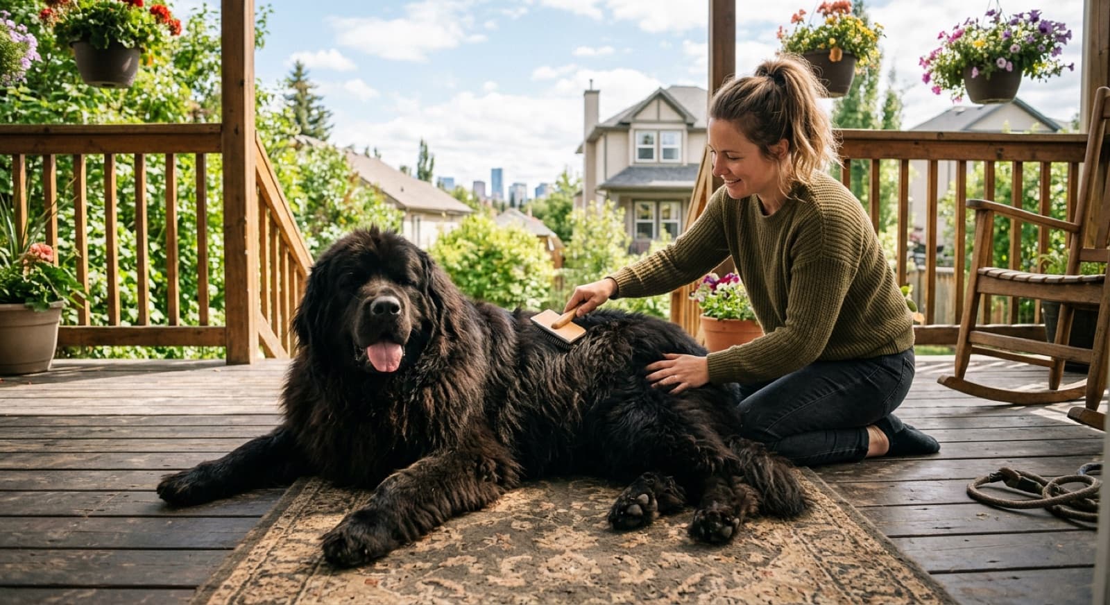 A large black Newfoundland dog being gently brushed on a porch on a sunny Calgary day, thick coat visible