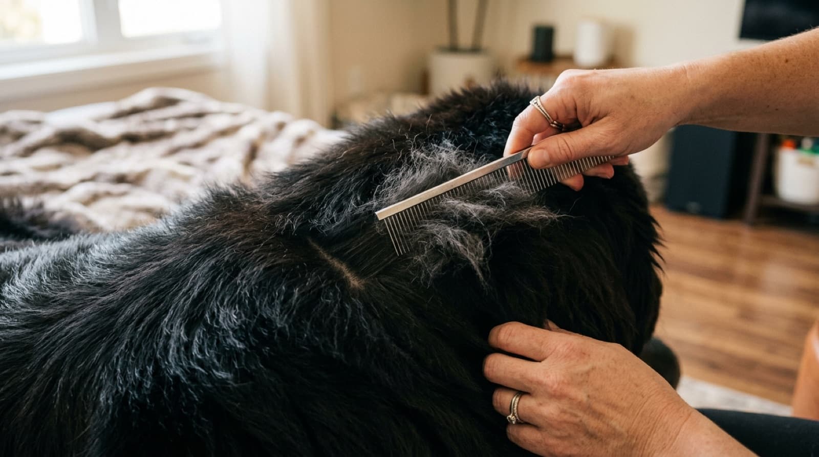 A Newfoundland's dense coat being line-combed to the skin with loose undercoat coming out