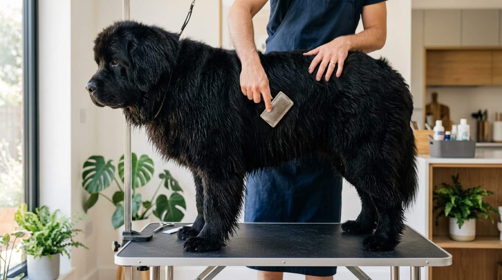 A black Newfoundland dog being brushed on a grooming table in a bright home