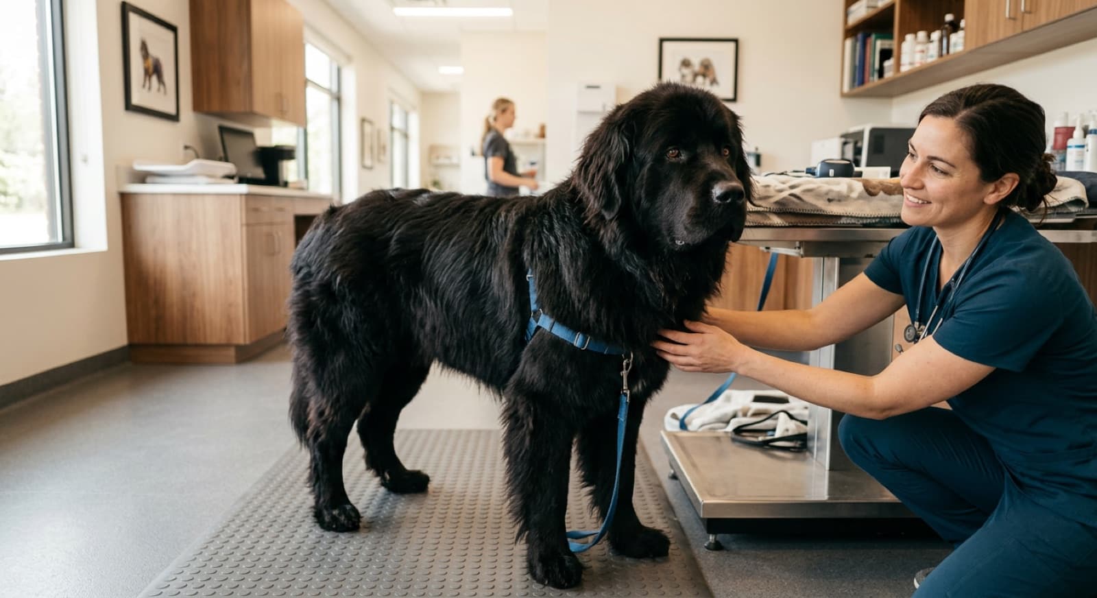A large black Newfoundland dog standing calmly for a veterinarian in a bright Calgary clinic