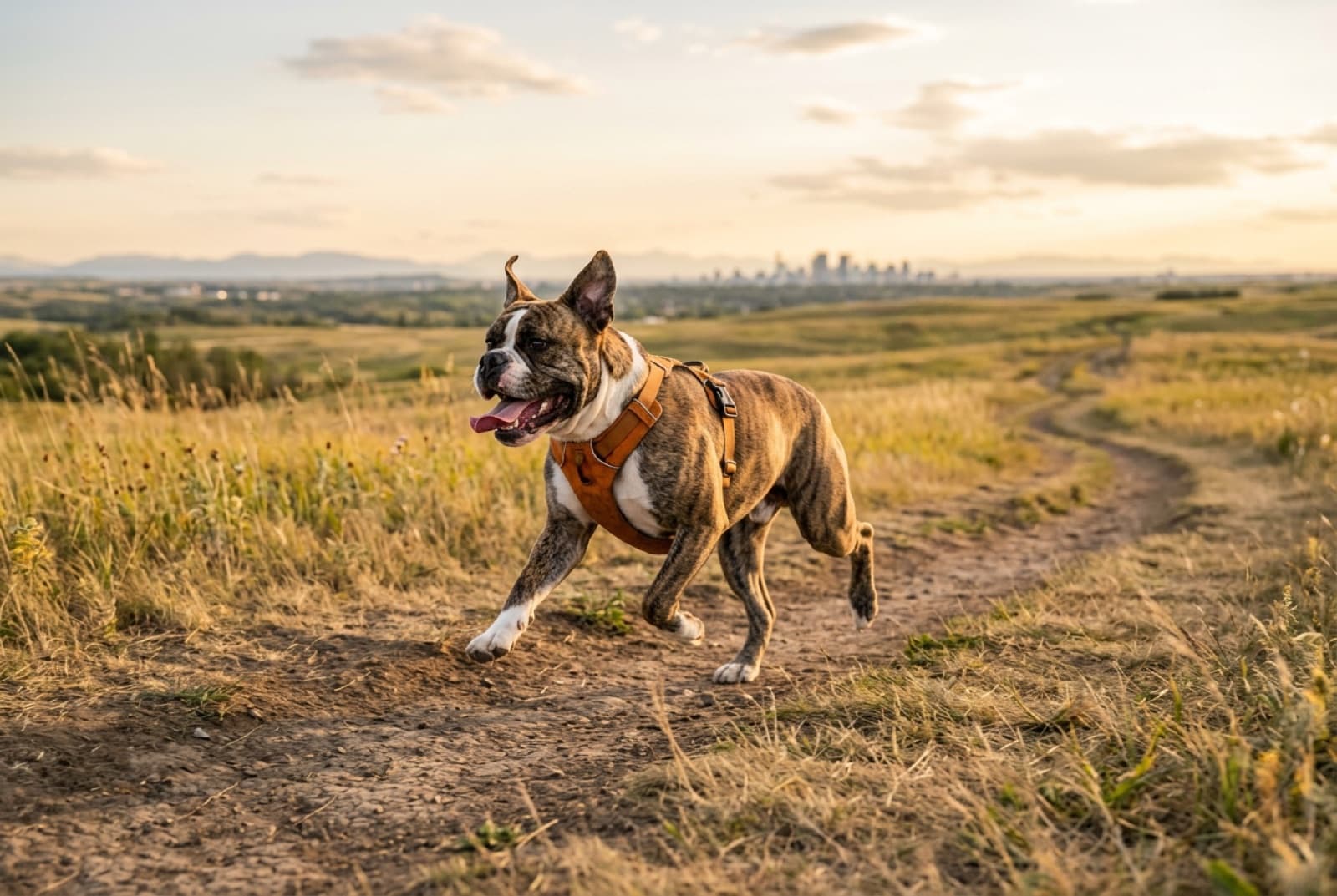 An Olde English Bulldogge running on a Calgary off-leash trail, showing the breed's athletic capability compared to the couch-bound English Bulldog
