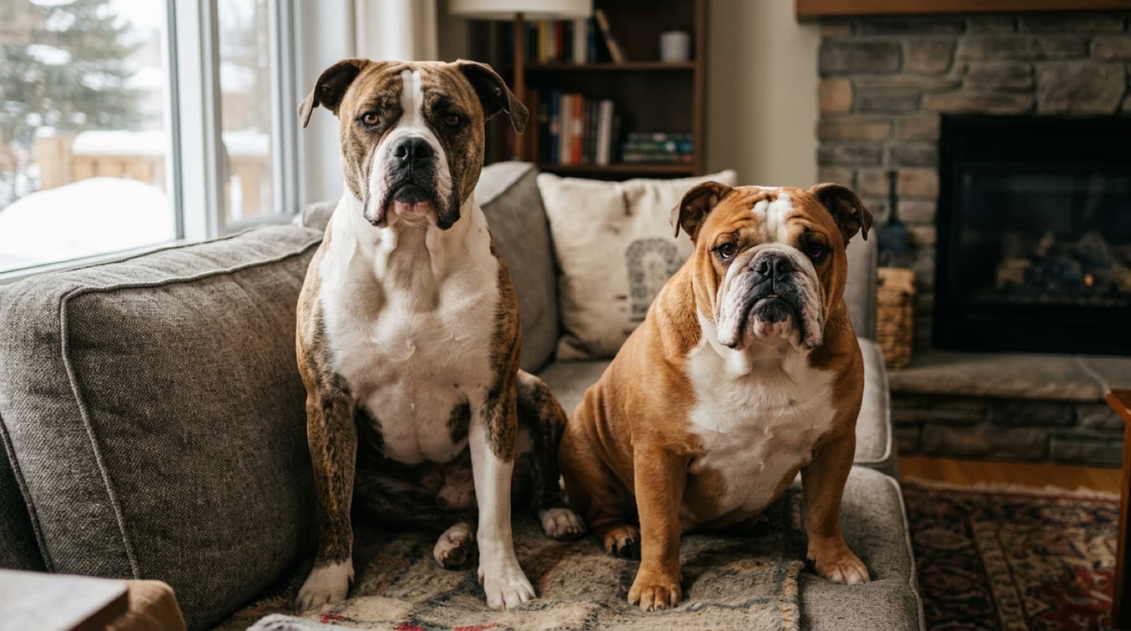 An Olde English Bulldogge and an English Bulldog side by side, showing the body and snout differences between the two breeds