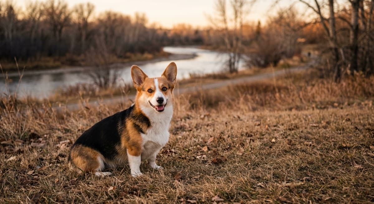 A Pembroke Welsh Corgi sitting in a Calgary park on a sunny afternoon, short legs and foxy face visible, looking attentively toward the camera