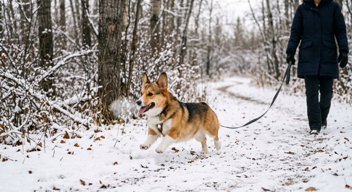 Pembroke Welsh Corgi running across grass at an off-leash park in Calgary with the Bow River and prairie sky in the background